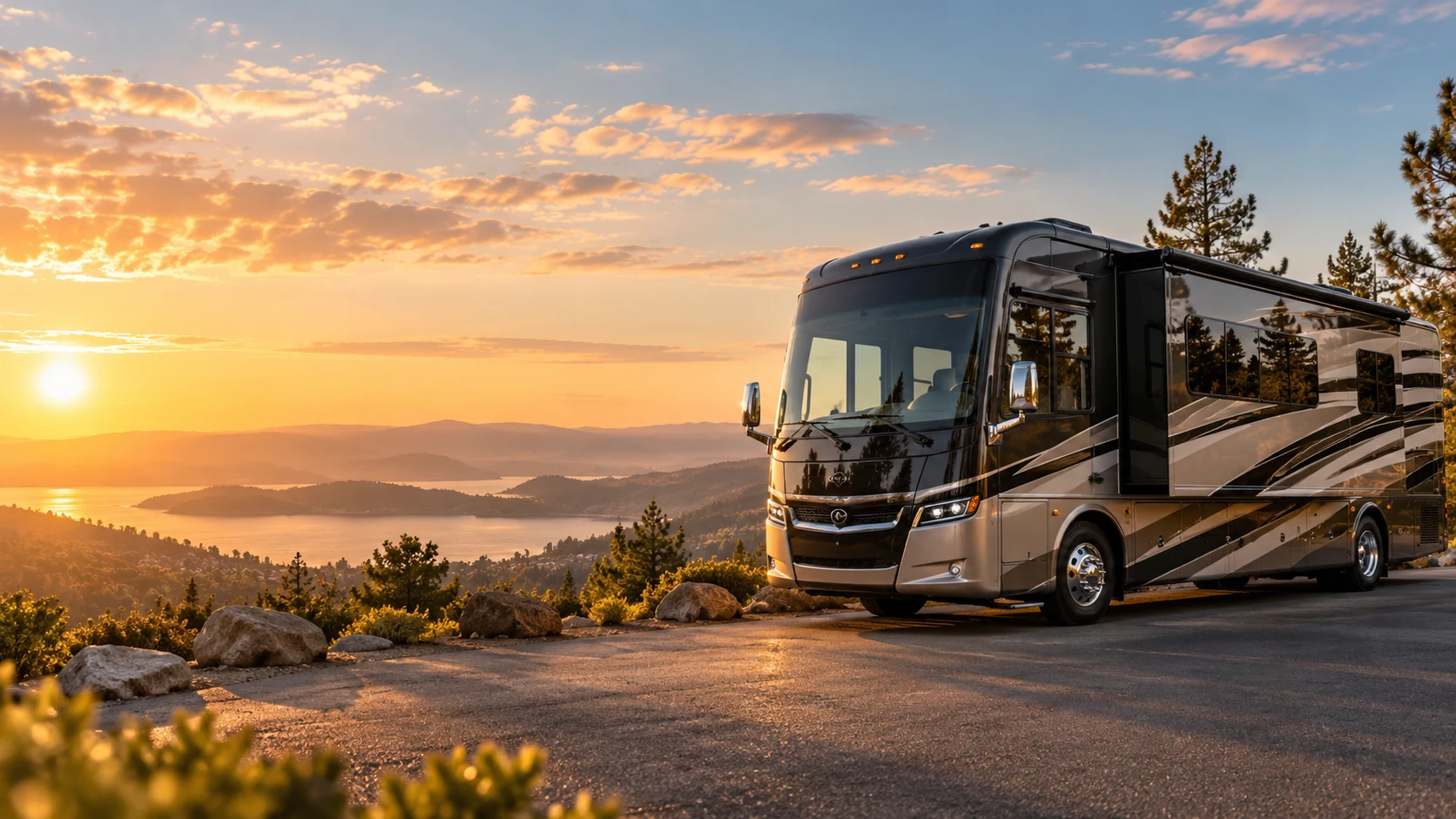 Illustration of a Class A motorhome beside a lake at golden hour