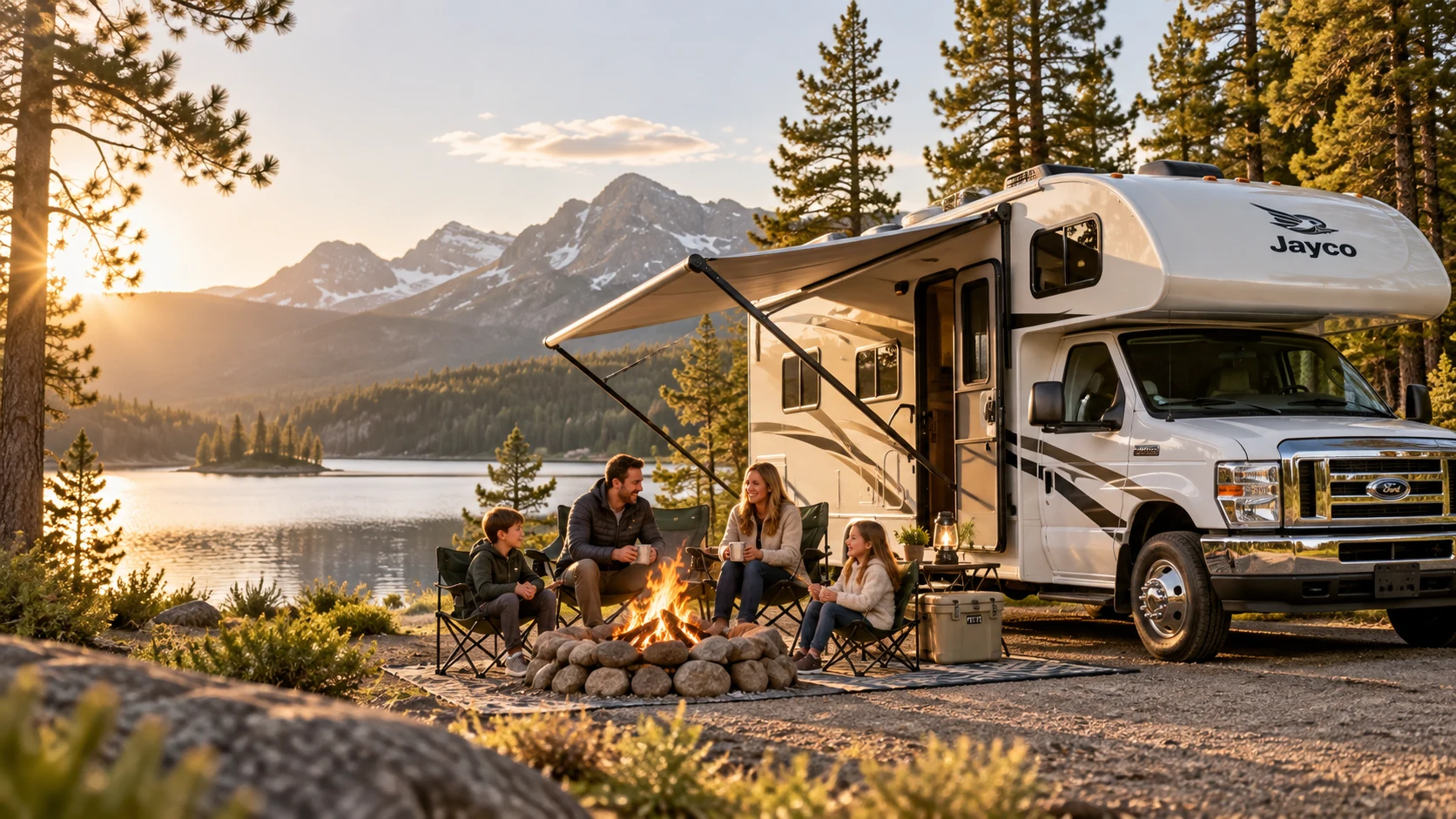 Illustration of a family beside a Class C motorhome at a lakeside campsite
