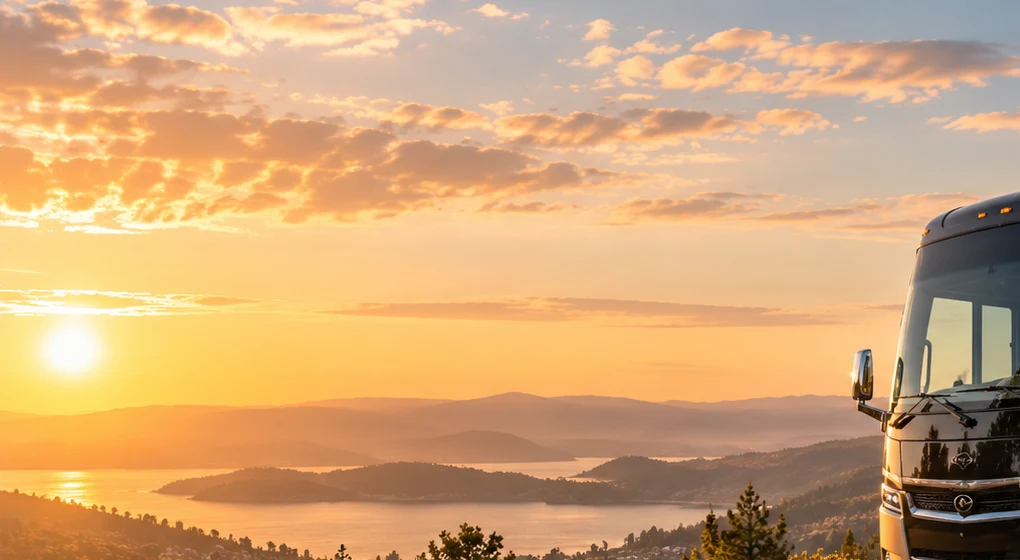 Illustrative lake and mountain scenery at sunset