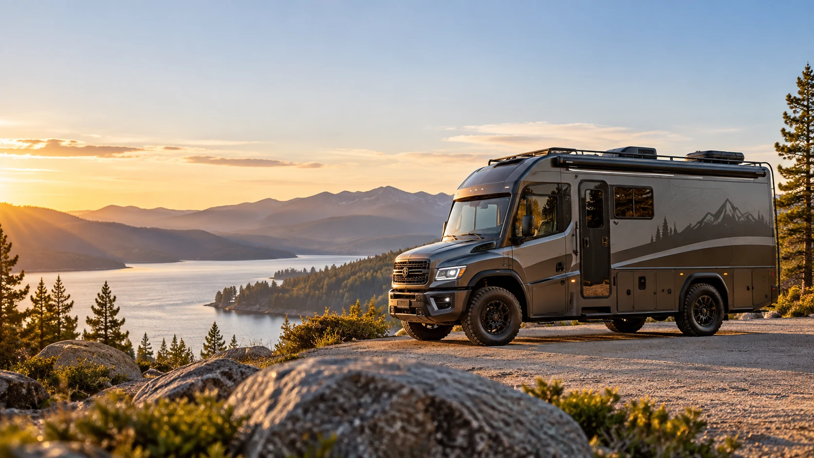 Illustration of a touring motorhome overlooking a lake
