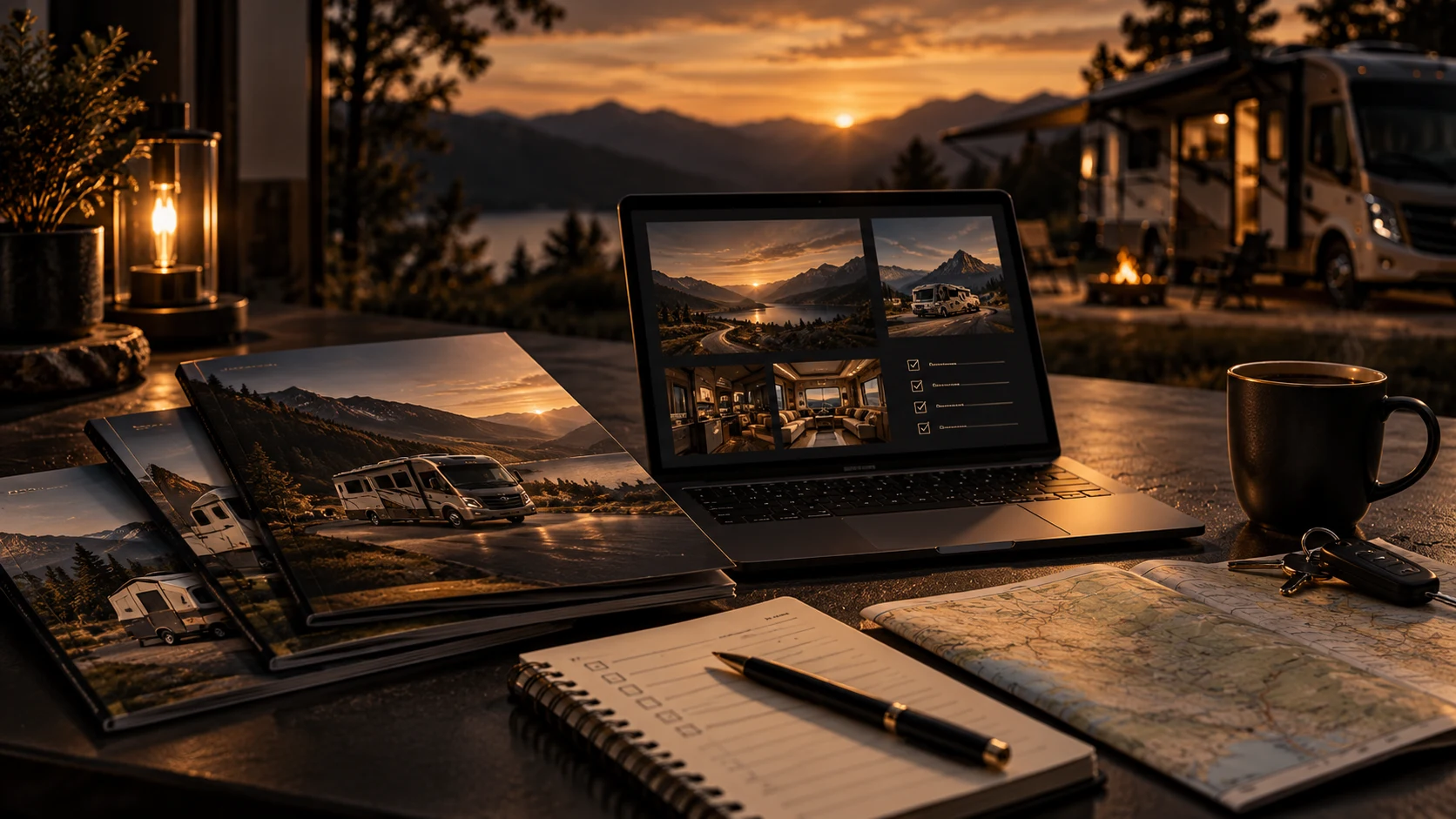 Illustration of a map, notebook and laptop used to plan an RV journey