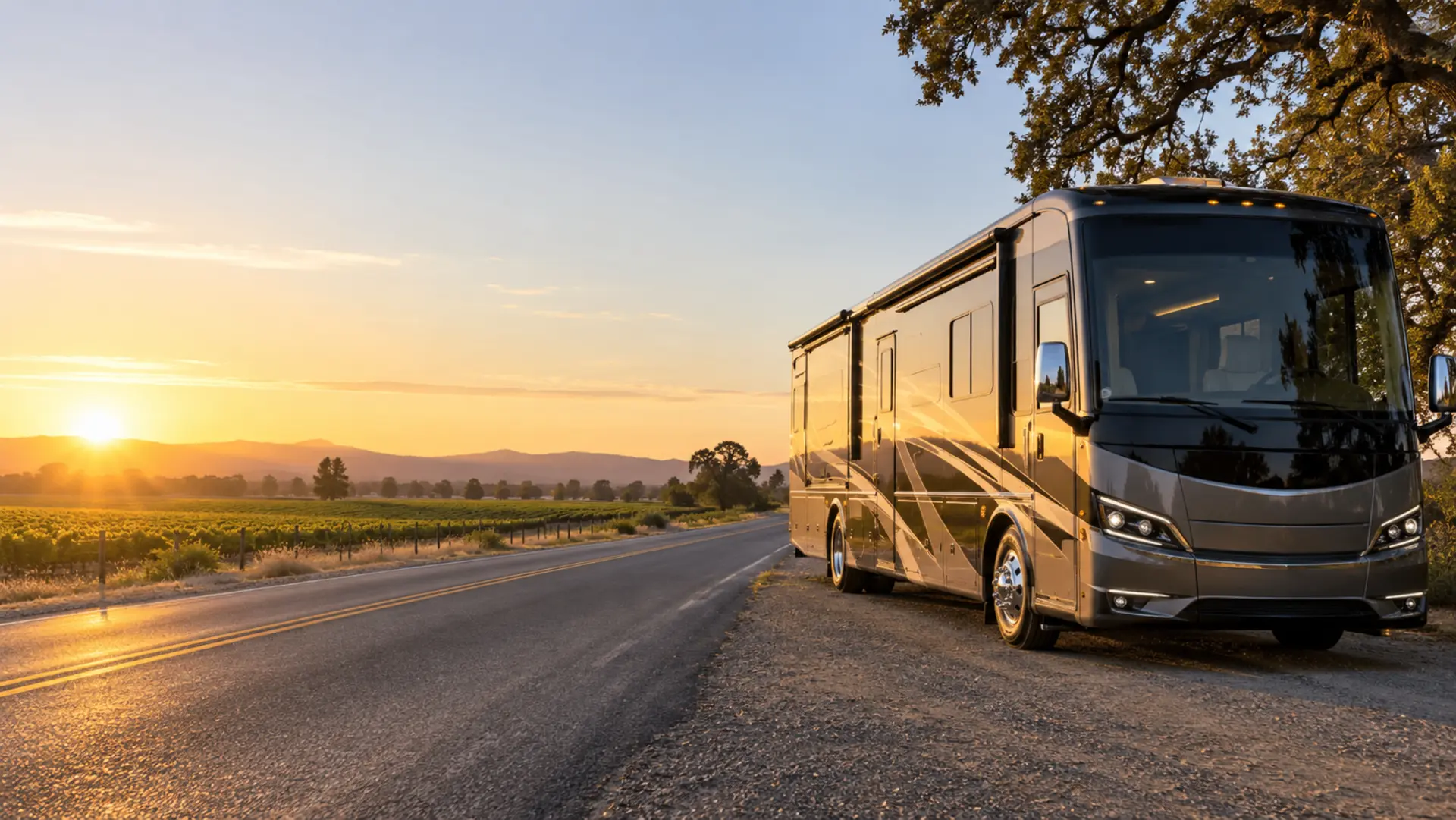 Luxury motorhome on a Northern California road at sunset