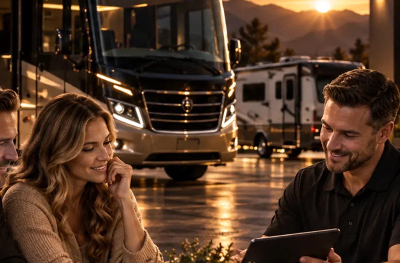RV purchase, financing or trade planning scene supporting Protect Sensitive Financial Information
