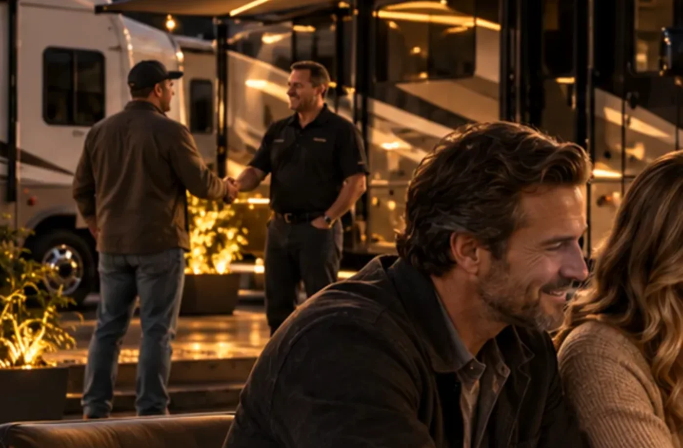 RV purchase, financing or trade planning scene supporting Review the Written Offer and Transfer Details