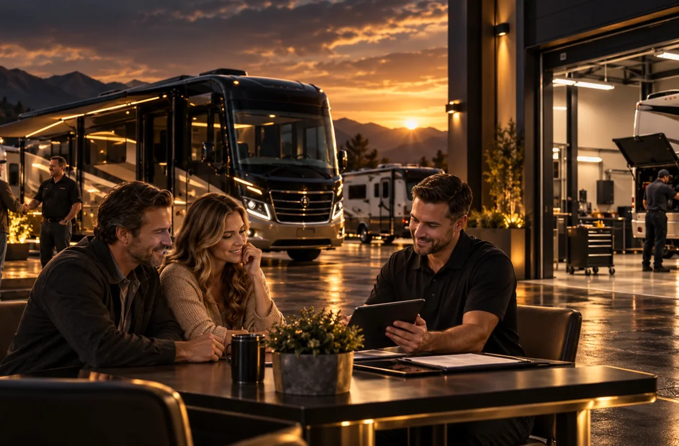 RV purchase, financing or trade planning scene supporting Protect Sensitive Financial Information
