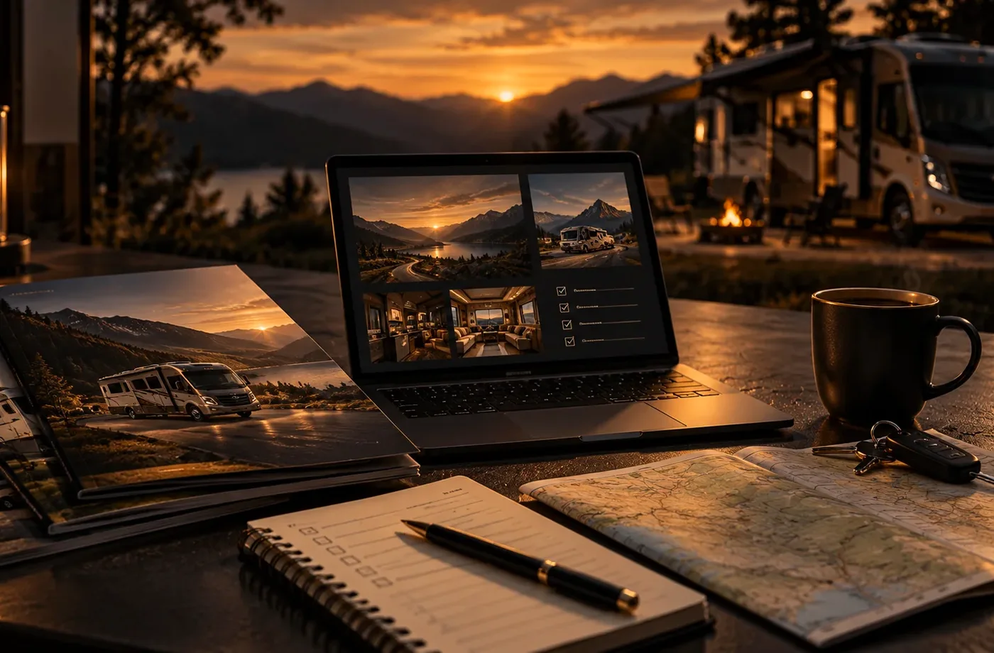 RV research and trip-planning scene supporting Questions Worth Asking a Dealer, Owner or Rental Provider