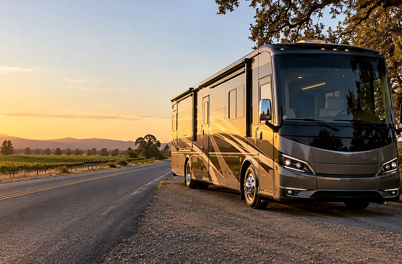 RV rental and road-trip scene supporting Rental FAQ
