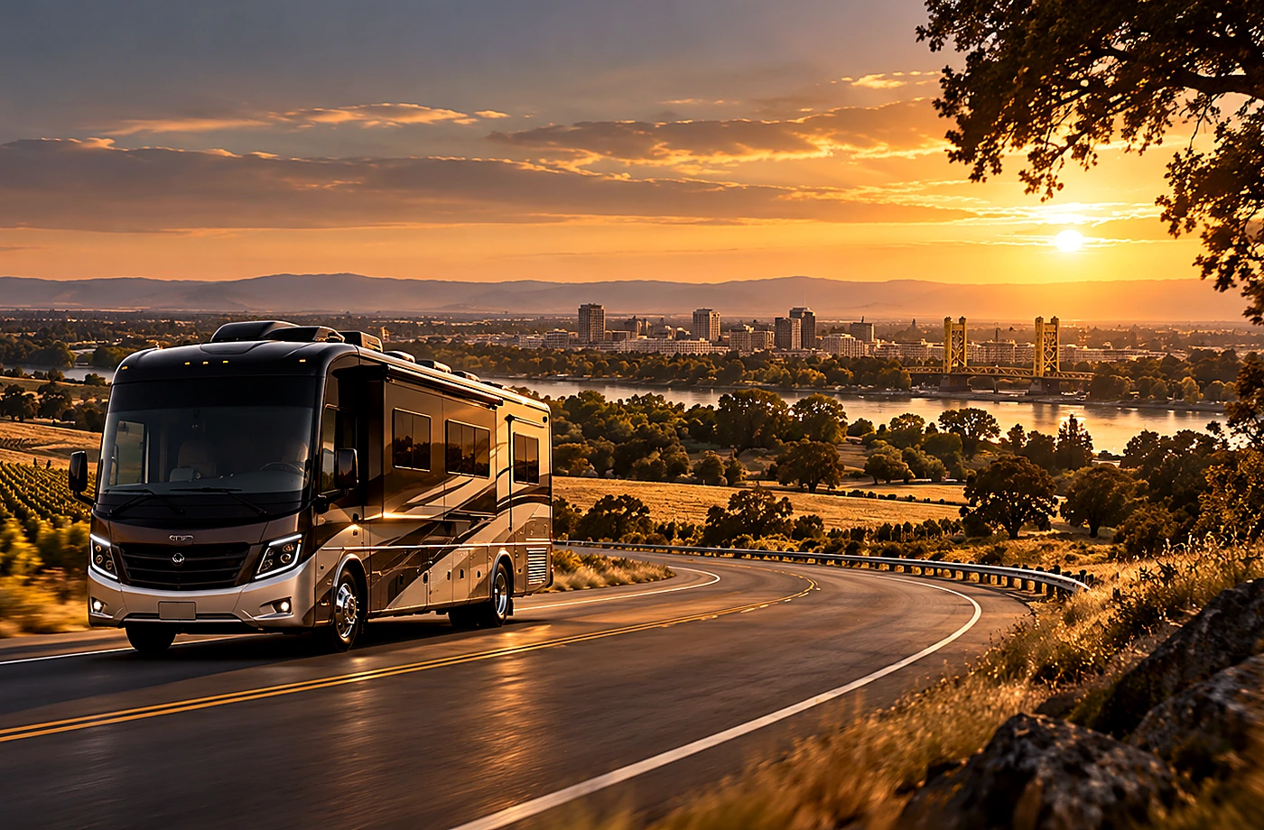 RV rental and road-trip scene supporting Insurance, Drivers and Restrictions