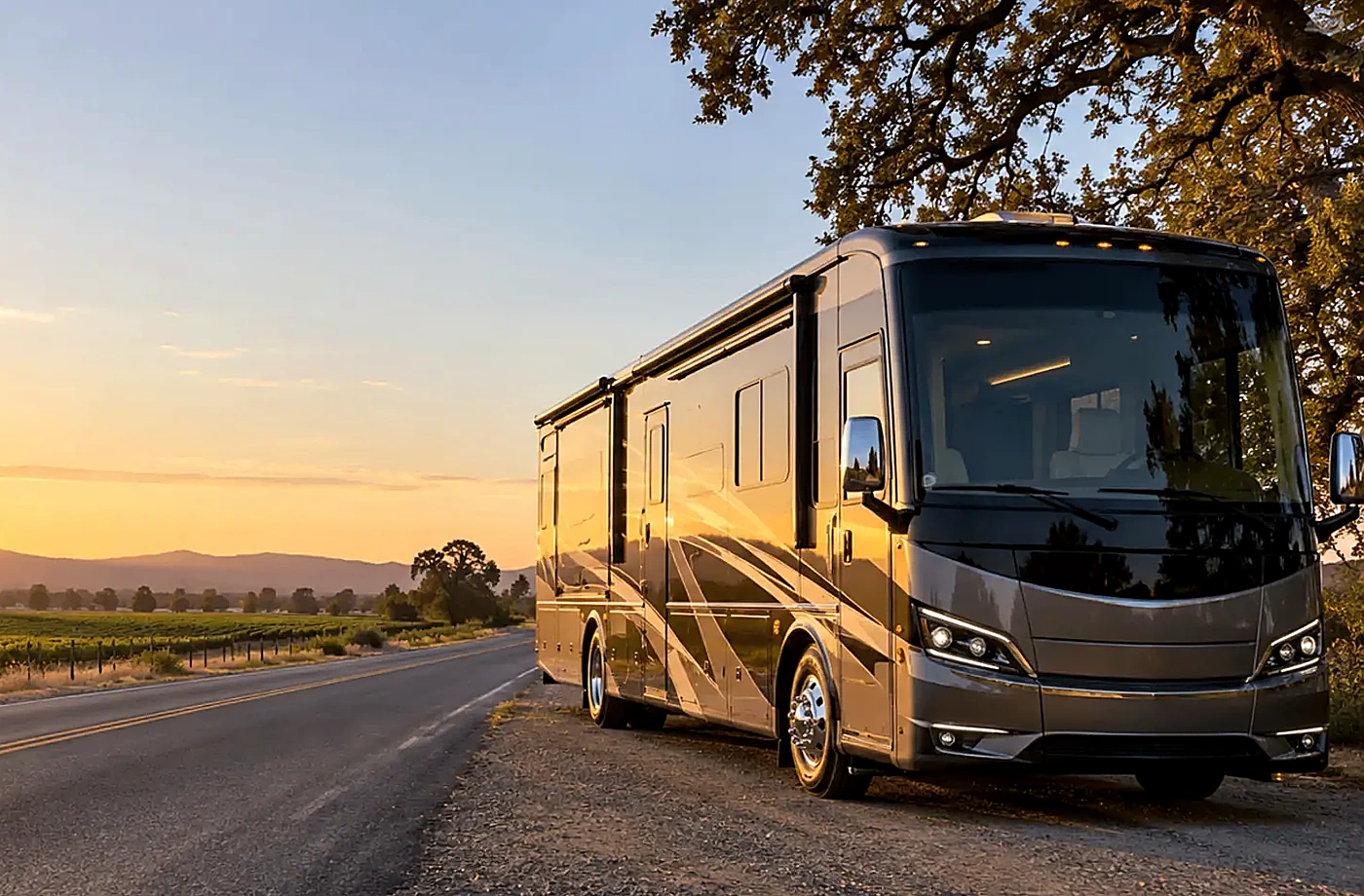 RV rental and road-trip scene supporting Read the Written Rental Terms Before Paying