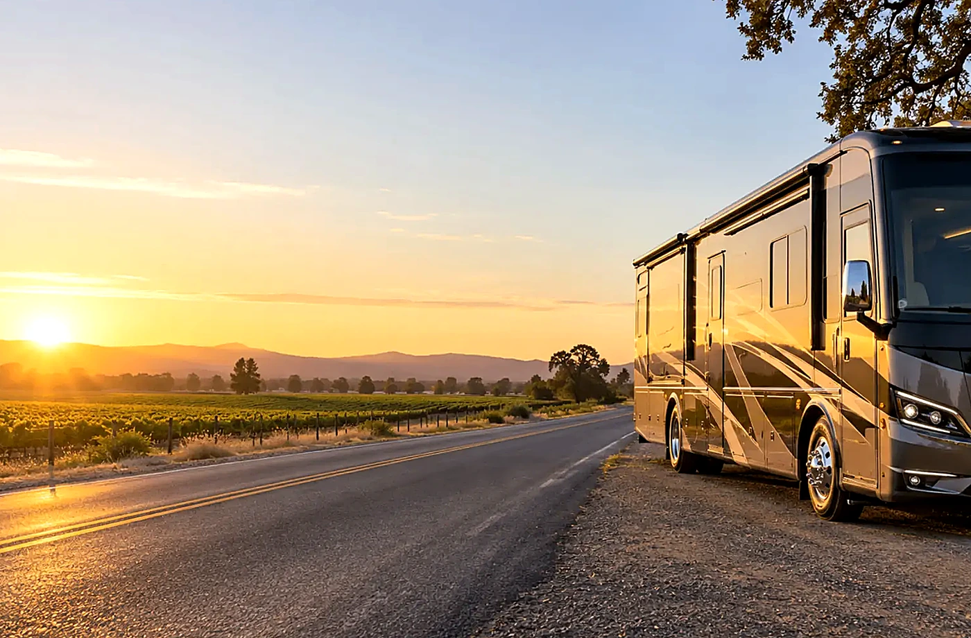 Motorhome and towable RV scene supporting Used Class A RVs