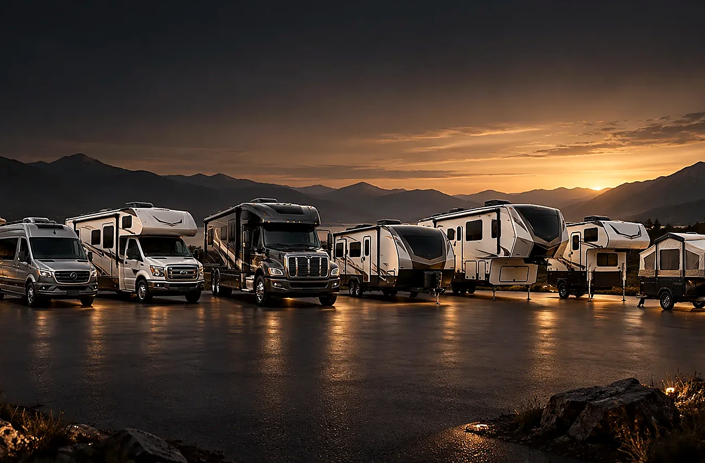 Motorhome and towable RV scene supporting Save the Details You Want to Compare