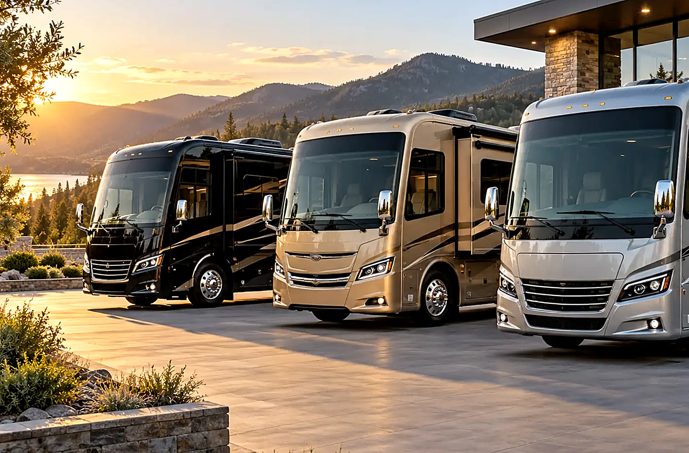 Motorhome and towable RV scene supporting Shop Used RVs by Manufacturer