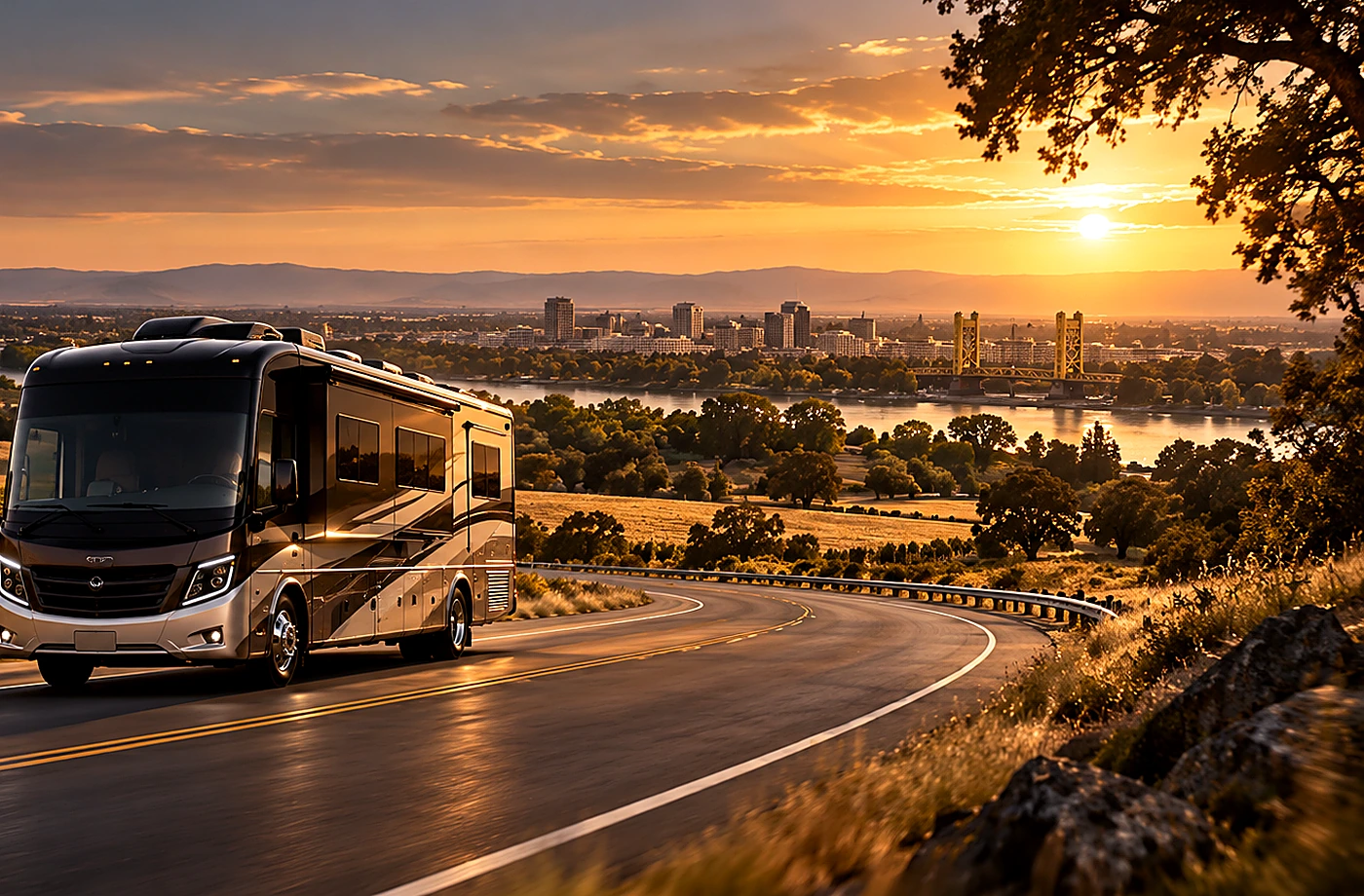Motorhome and towable RV scene supporting Compare More Than the Badge