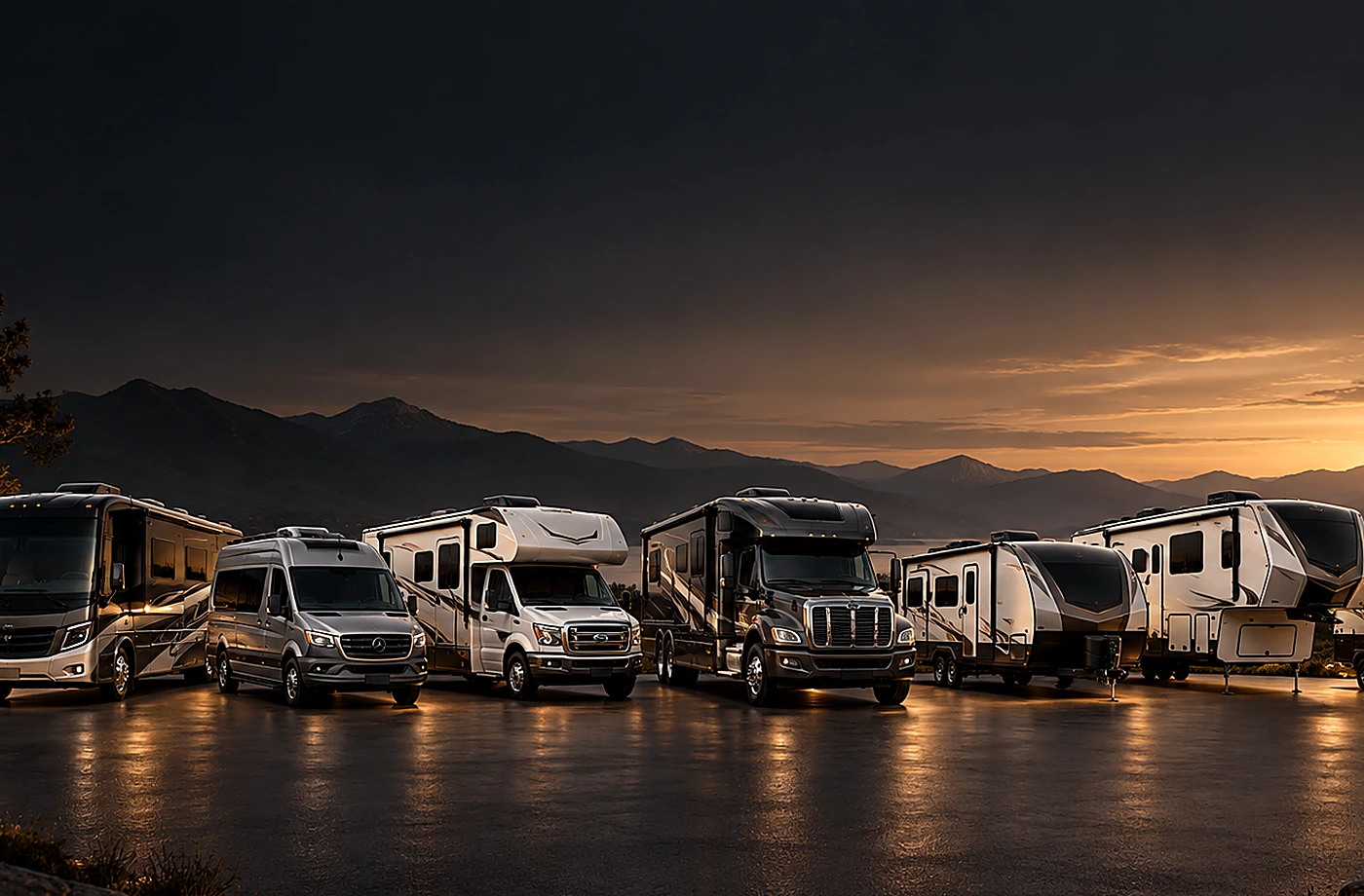 Motorhome and towable RV scene supporting Brand Research and Service