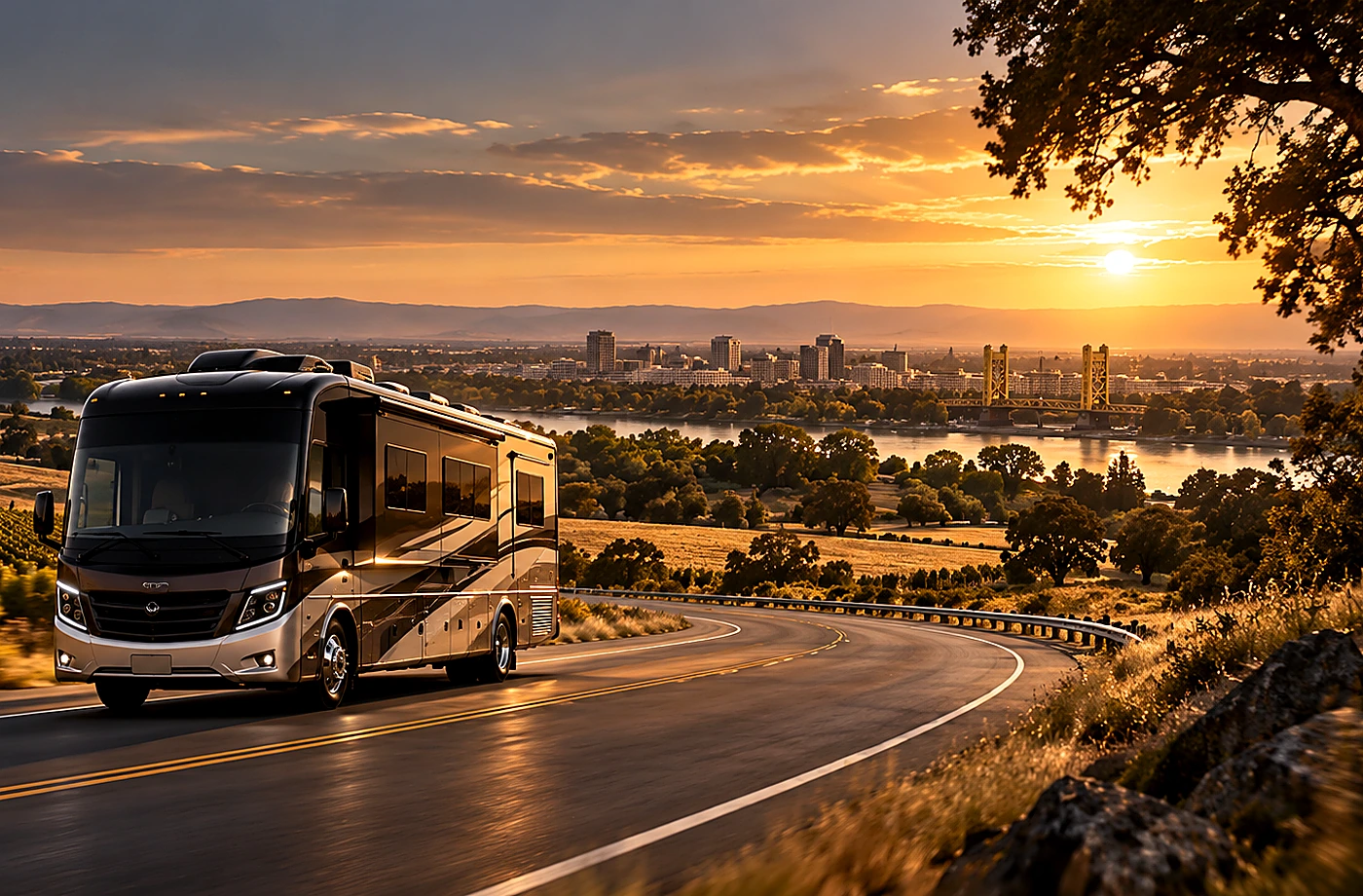 Motorhome and towable RV scene supporting Inspect the Actual RV Before You Commit