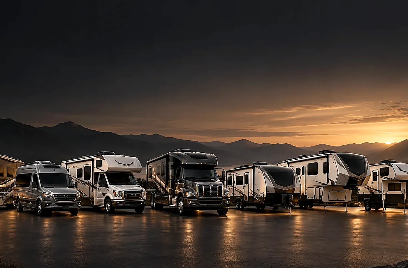 Motorhome and towable RV scene supporting Class A Motorhomes for Sale in Davis, CA