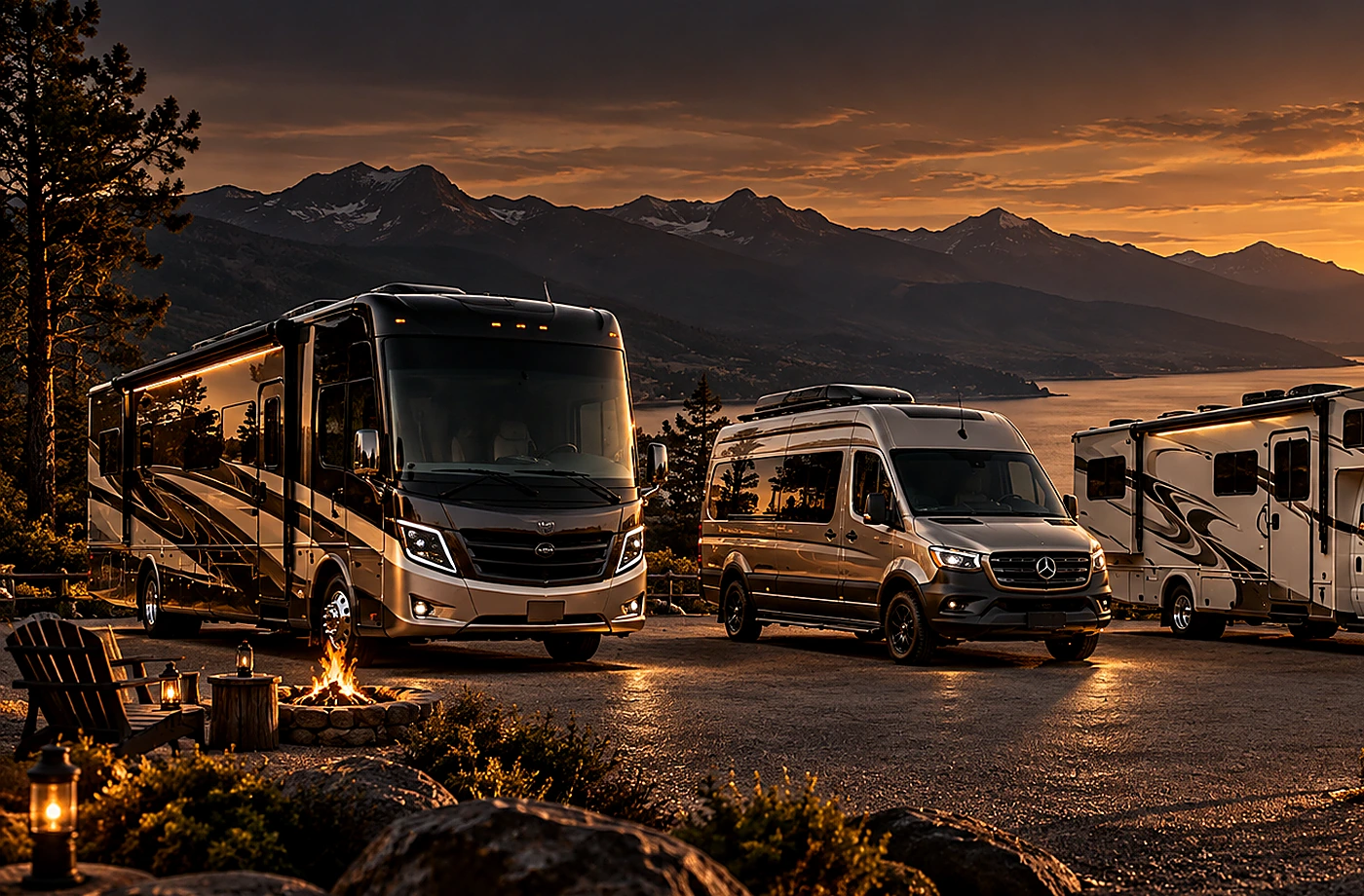 Motorhome and towable RV scene supporting New RVs