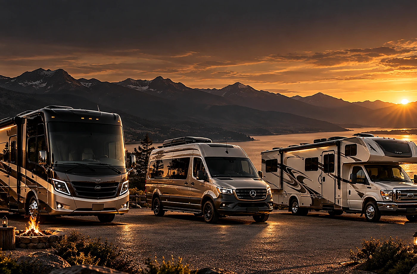 Motorhome and towable RV scene supporting RVs for Sale in Davis, CA