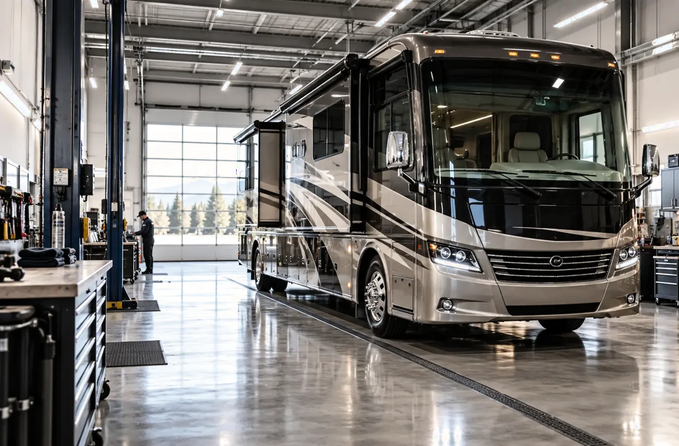 RV service and maintenance scene supporting Schedule Before a Major Trip